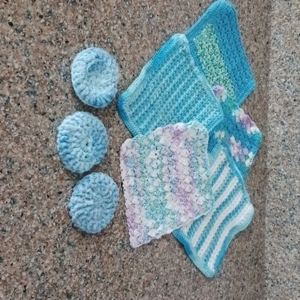 Hostess Set 5 dishcloths 3 scrubbies crochet handmade Blue Purple Spring
